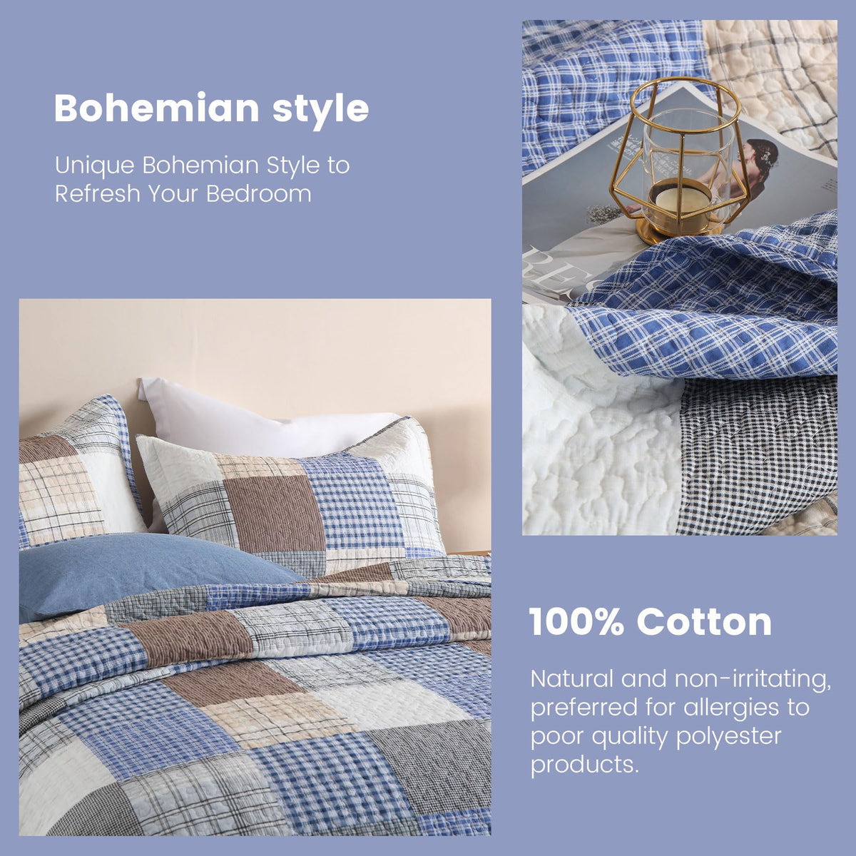 Comforter Set- 100% Cotton Quilt Set, Bule, Plaid bedspreads (96 * 108 Inch) with 2 Pillow Shams