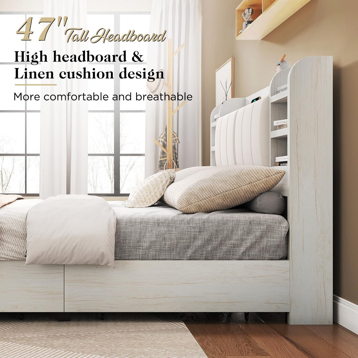 Bed Frame with Headboard & Charging Station, Rustic White