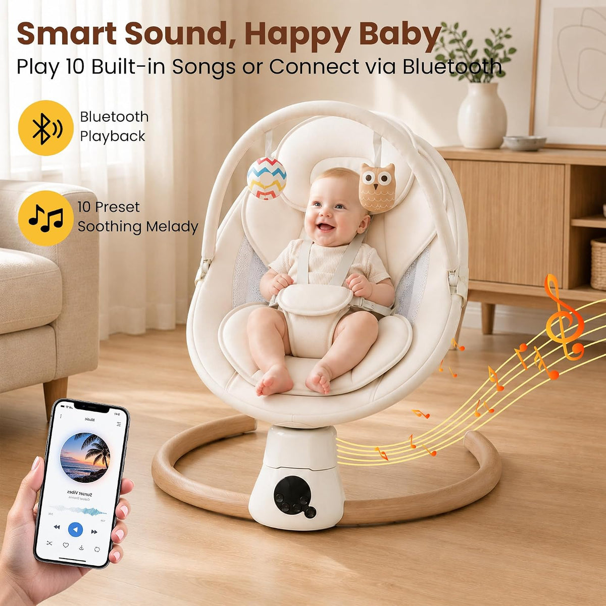 White Smart Electric Baby Swing for Infants with 10 Preset Melodies