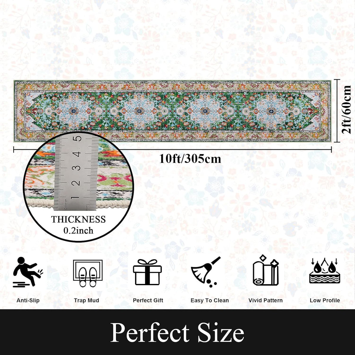 Boho Hallway Runner Rug Non Slip Washable Runners, Green