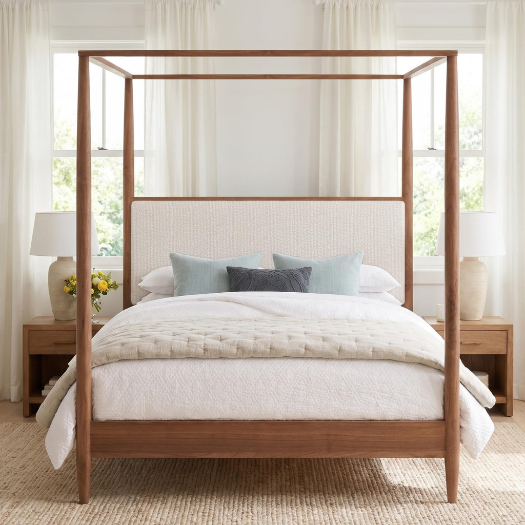 4-Poster Wood Canopy Bed with Boucle Headboard, Walnut