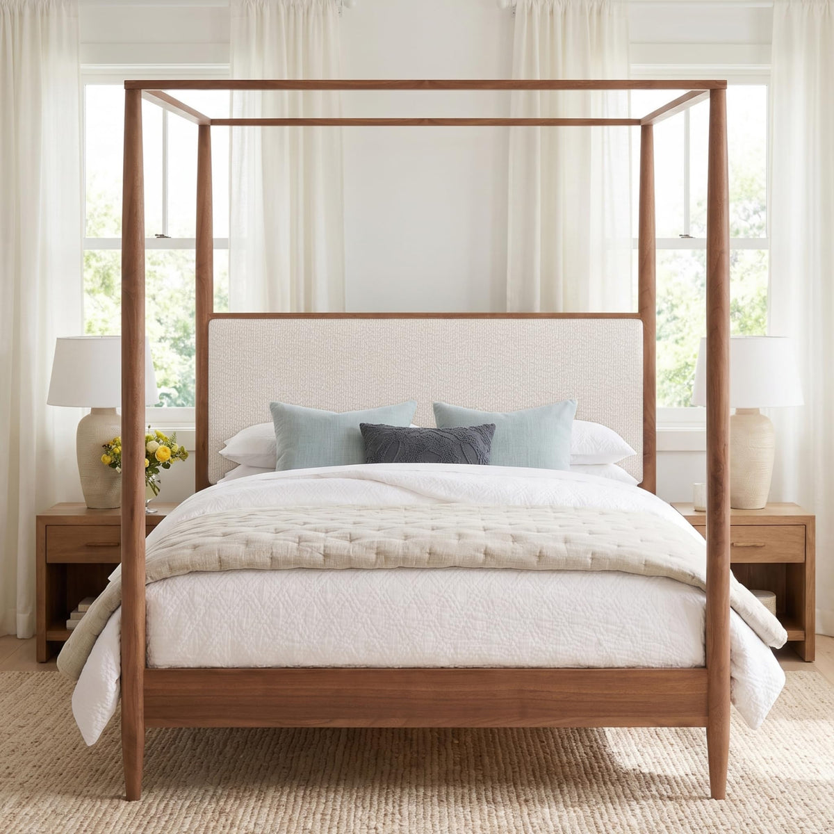 4-Poster Wood Canopy Bed with Boucle Headboard, Walnut