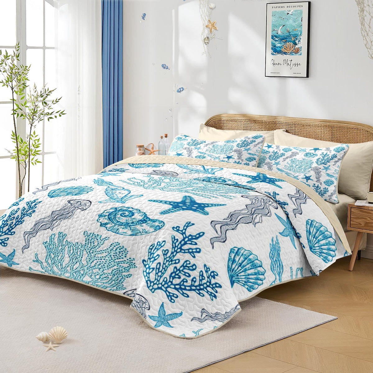 Quilt Set, 3 Pieces Ocean Beach Bedding, Bedspread