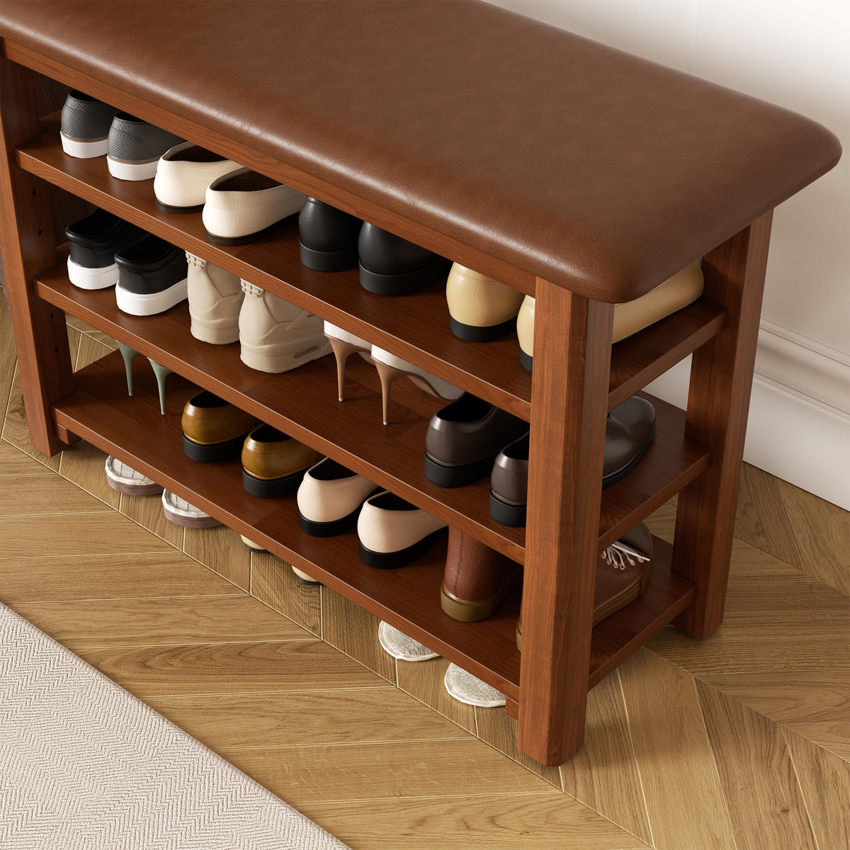 Shoe Rack Bench with Leather Cushion 3-Tier Shoe Rack Organizer Hallway or Living Room Farmhouse Rustic Wooden Seat