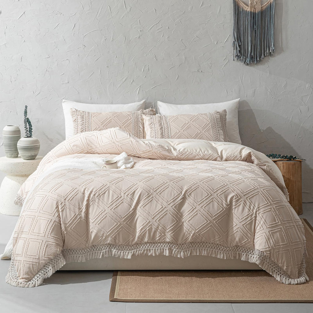 Boho Tufted Bedding Sets, Beige Cream Queen Duvet Cover Set 3 Pieces, Embroidery Jacquard Design Shabby Chic