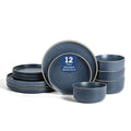 Amber 12-Piece Dinnerware Set Stoneware, Dishwasher and Microwave Safe Plates and Bowls Set, Dish Set for 4, Blue