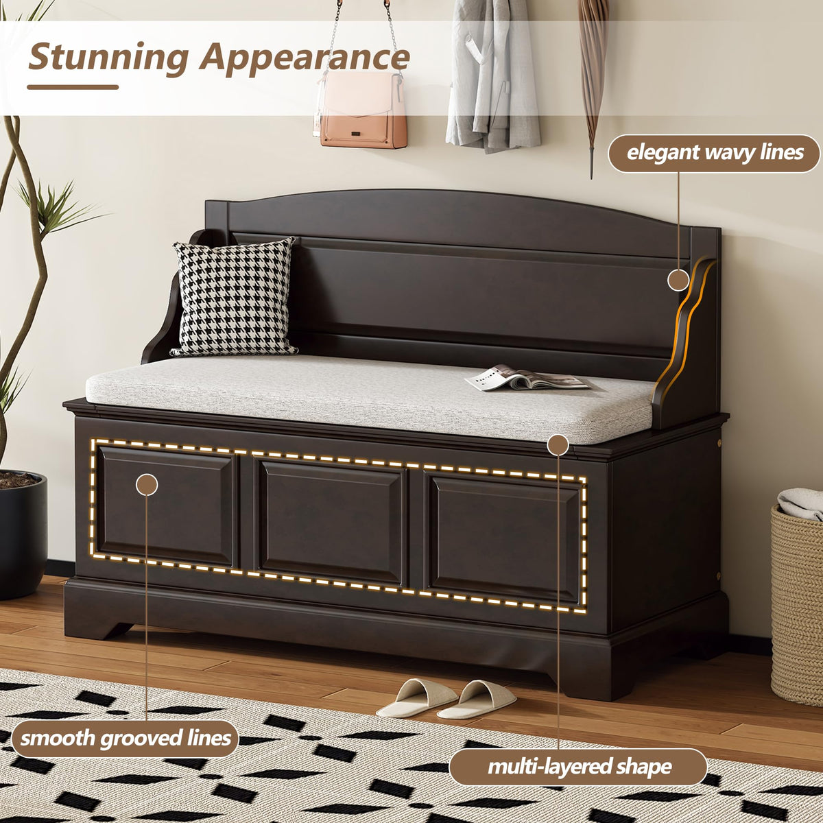 Shoe Storage Bench with Seating, 41.7" Farmhouse Entryway Bench with Cushion and Hidden Storage, Upholstered Storage