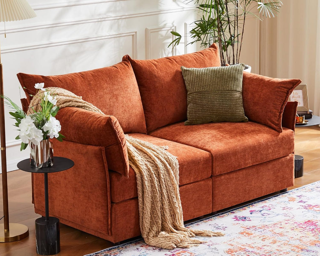 Oversized Loveseat Sofa, Modern Modular Sectional Couch Terracotta Orange Fluffy Chenille Mid Century 2-Seat 24.5"