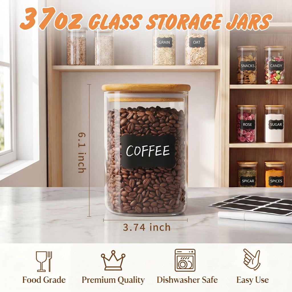 37 Oz Glass Jars - 6 Pack Food Storage Containers with Lids Square