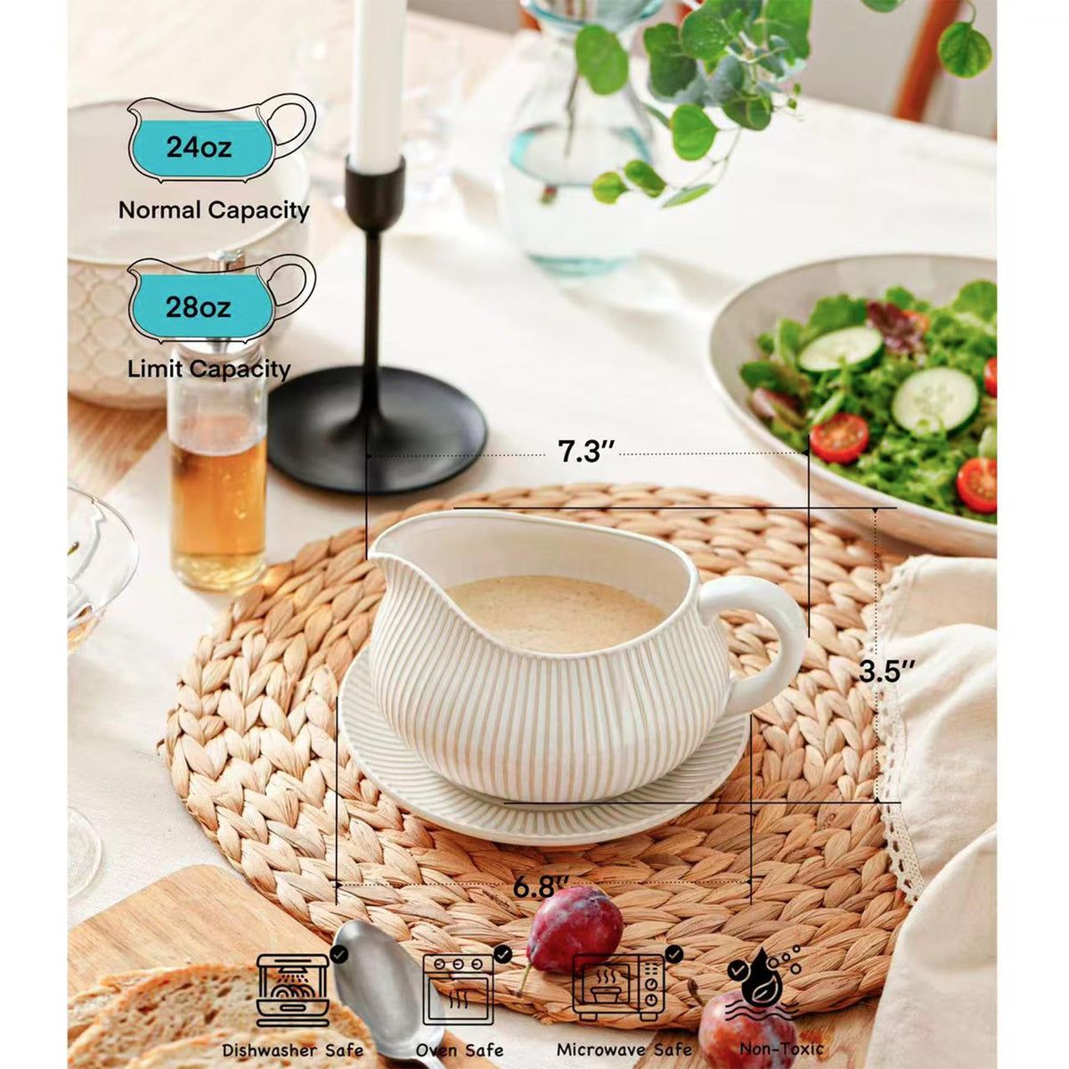 Gravy Boat with Saucer Stand, 24oz Ceramic Sauce Boat, Off-White, Flower