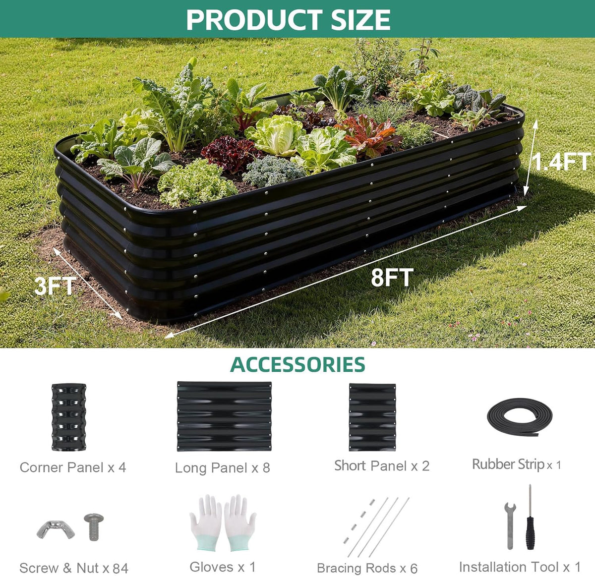 5 in 1 Galvanized Raised Garden Bed, 8x3x1.4ft, Grey