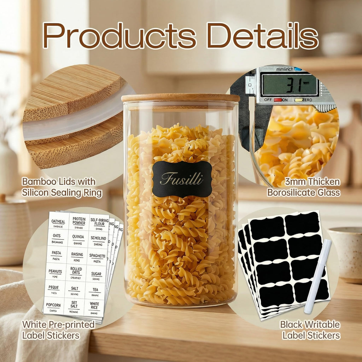 32 oz & 21 oz Round Glass Food Storage Containers with Bamboo Lids, 4 Pack