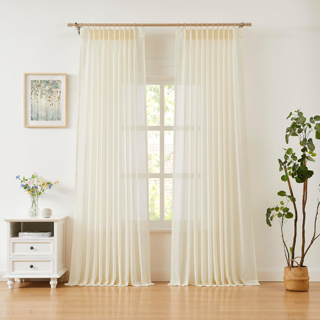 95 Inches Long Egret Ivory Pinch Pleated Sheer Curtains (Set of 2 Panels) for Bedroom Living Room Sliding Patio Door,Farmhouse Textured