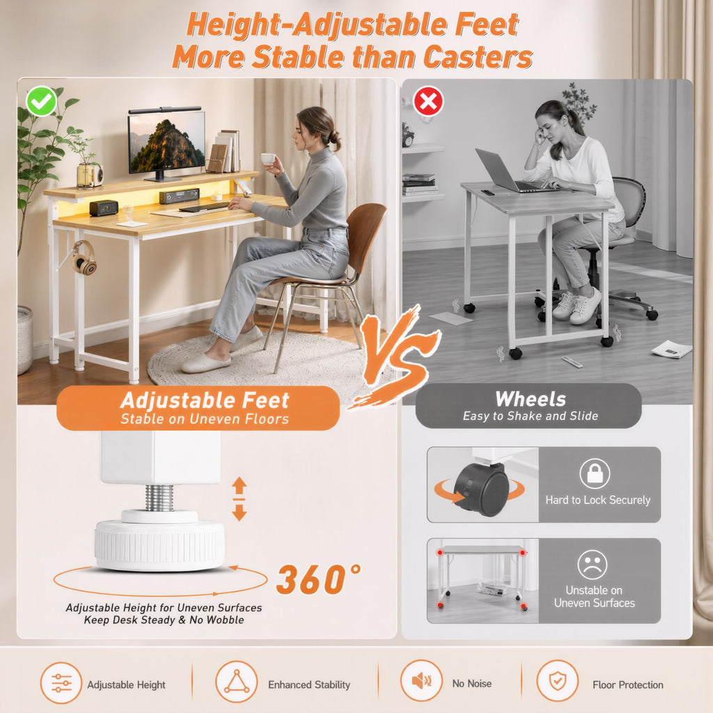 39.4" Folding Table with Ergonomic Monitor Stand&LED for Small Spaces, Oak