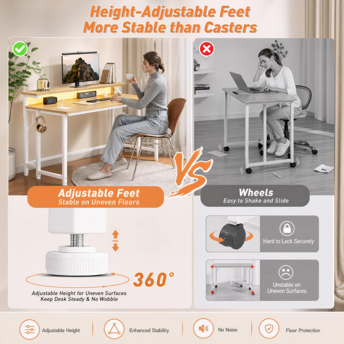 39.4" Folding Table with Ergonomic Monitor Stand&LED for Small Spaces, Oak