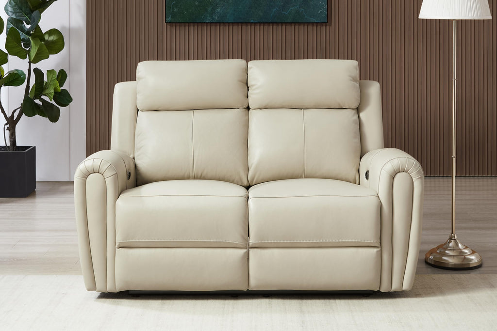 Beige Genuine Leather Power Recliner Sofa Loveseat with USB Port.