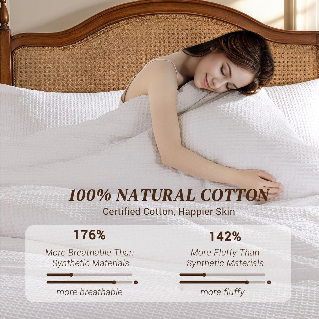 Waffle Weave Comforter Set, Cozy Breathable 100% Cotton Shell
