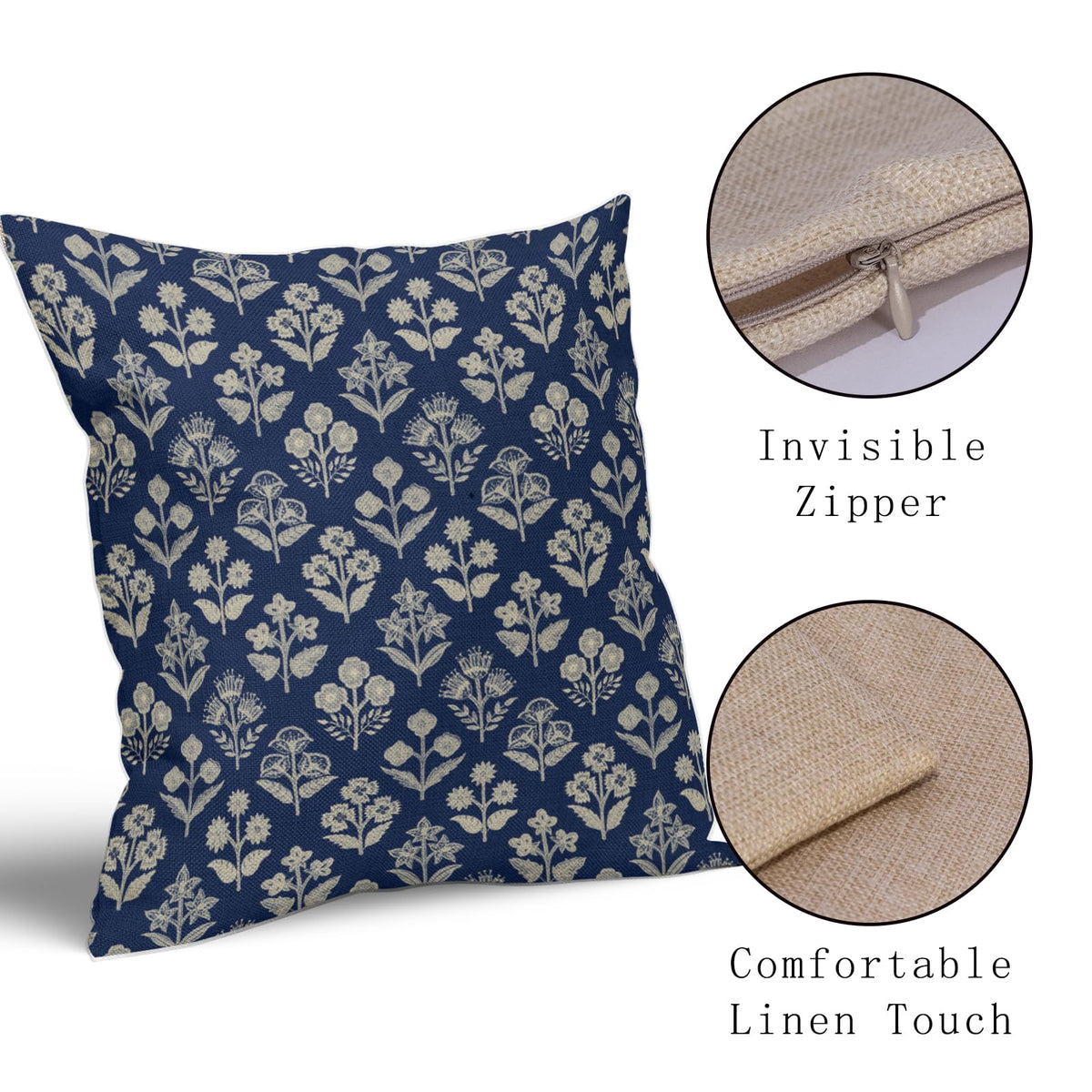 Dark Blue Floral Pillow Covers 22x22 Inch Set of 2, Vintage Flower Block Print Pattern Decorative Throw Pillowcases