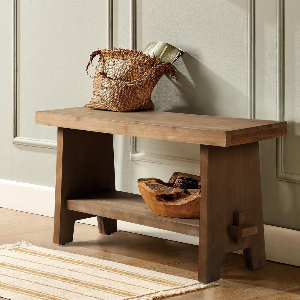 Wood Entryway Bench - 31.5" Farmhouse Small Storage Bench, Indoor