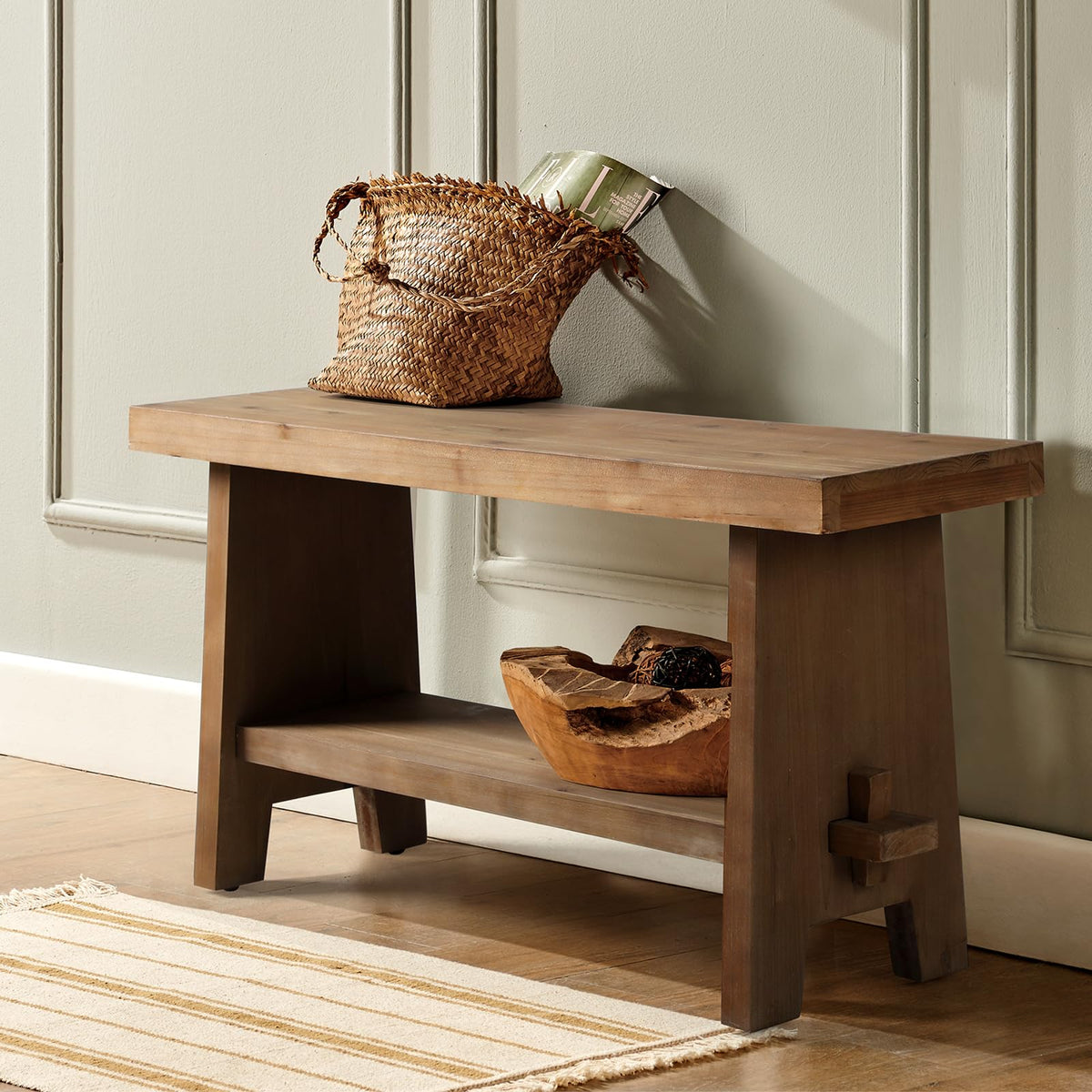 Wood Entryway Bench - 31.5" Farmhouse Small Storage Bench, Indoor