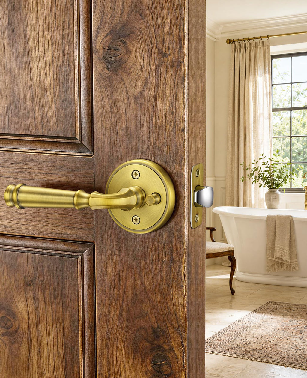 Door Handles Antique Brass Privacy Vintage Door Levers, 6 Pack