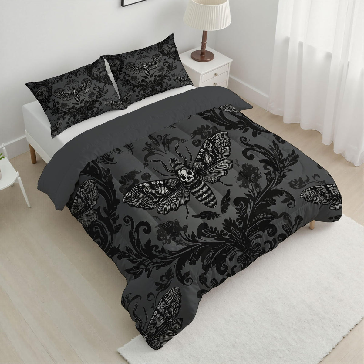Comforter Set, 3 Pcs Fantasy Moth Comforter with Gothic Brocade Pattern, Reversible Deep Black Comforters, Soft
