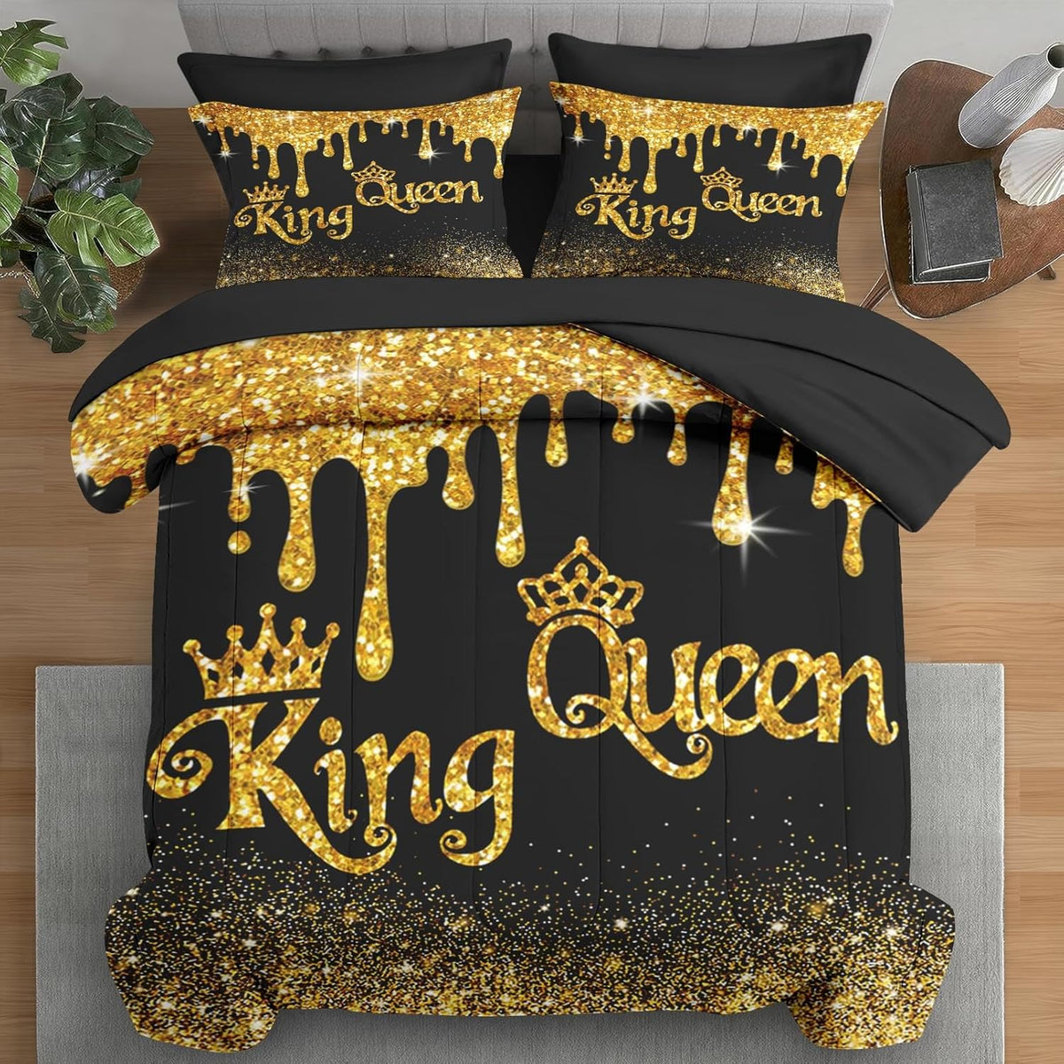 Comforter Set, Black Gold Crown 7 Pcs Bedding for Kids and Adults