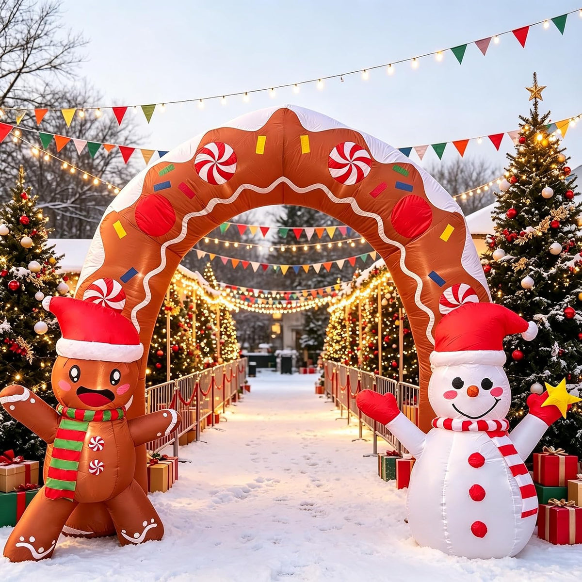 10.5FT Christmas Inflatable Archway, Blow Up Arch with Waving Cute Gingerbread Man with Santa Hat & Scarf and Lovely