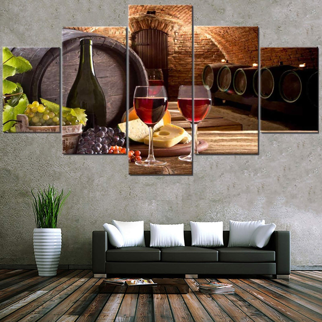 Wine Wall Art Decor Dining Room Grapes Fruit Canvas Wine Bottle Pictures 5 Piece Paintings Modern Artwork Decorations