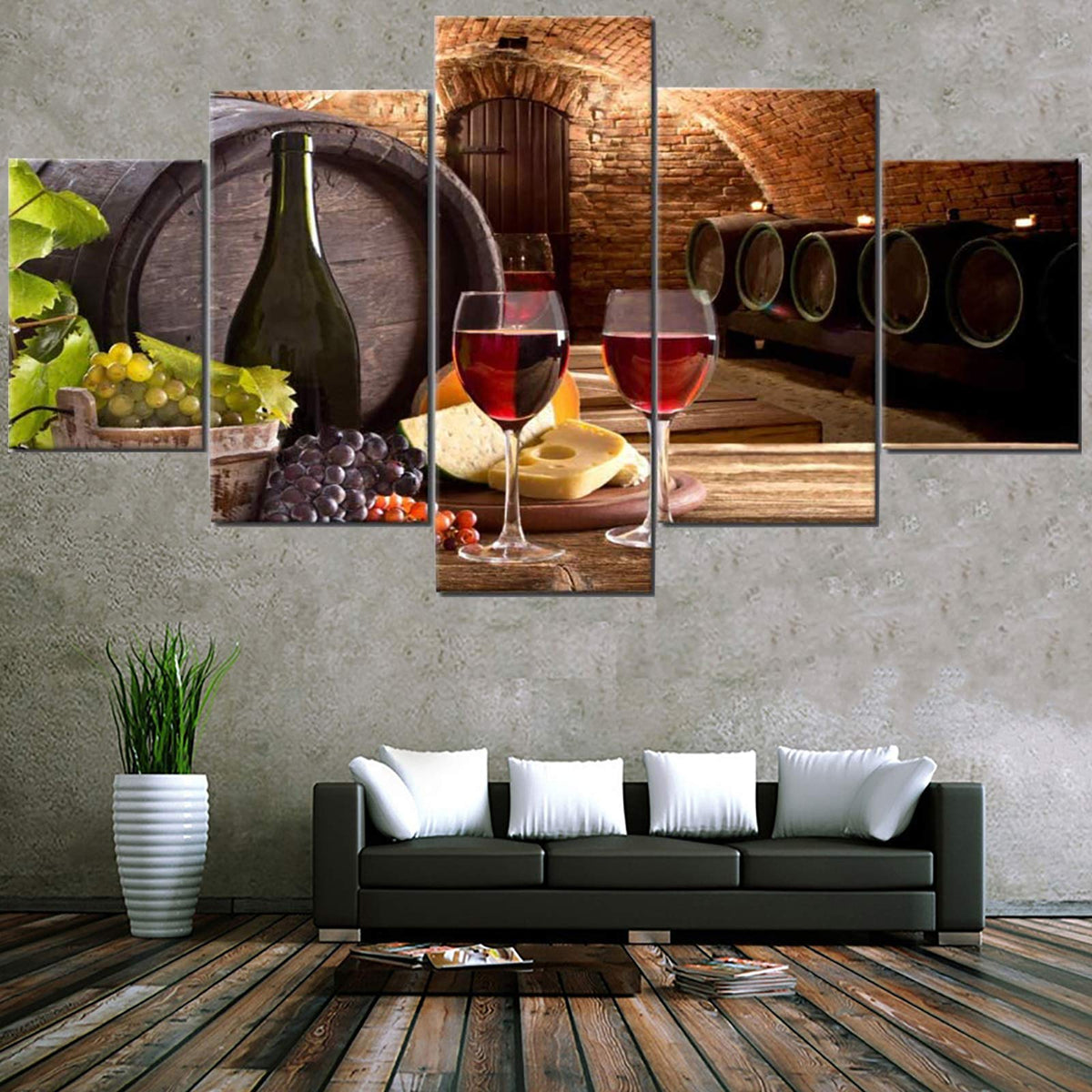 Wine Wall Art Decor Dining Room Grapes Fruit Canvas Wine Bottle Pictures 5 Piece Paintings Modern Artwork Decorations