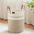 53L Tall Woven Rope Laundry Hamper, Leather Handles, Brown & White