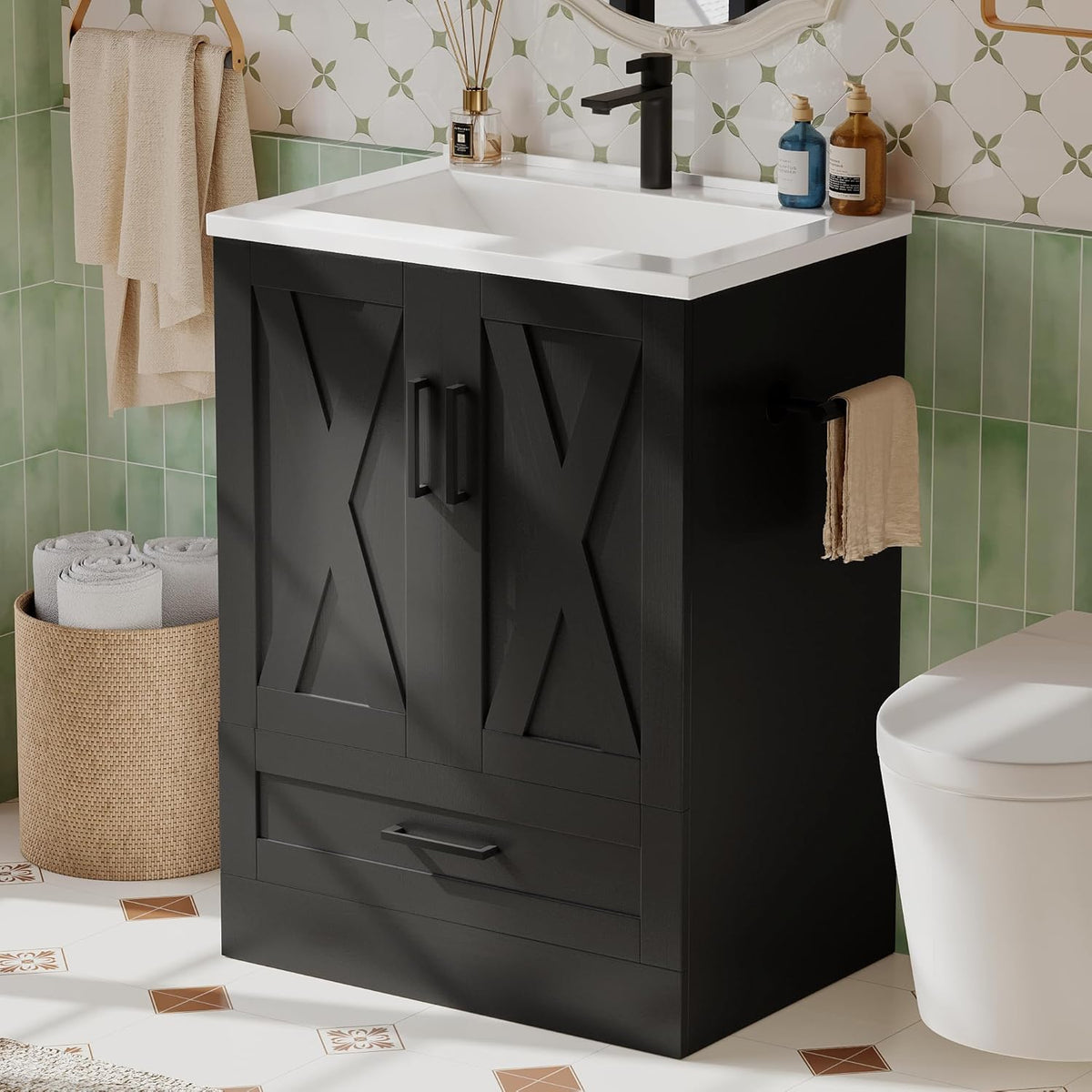 24-Inch Farmhouse Bathroom Vanity with Sink – Freestanding Wooden Cabinet with 2 Doors and 1 Drawer, Black