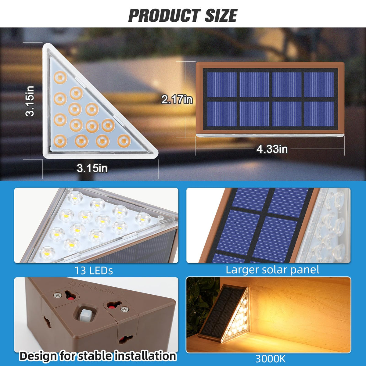 Solar Stair Lights, Warm White Outdoor Step Lights IP67 Waterproof Auto On Off, Outdoor Stair Lights for