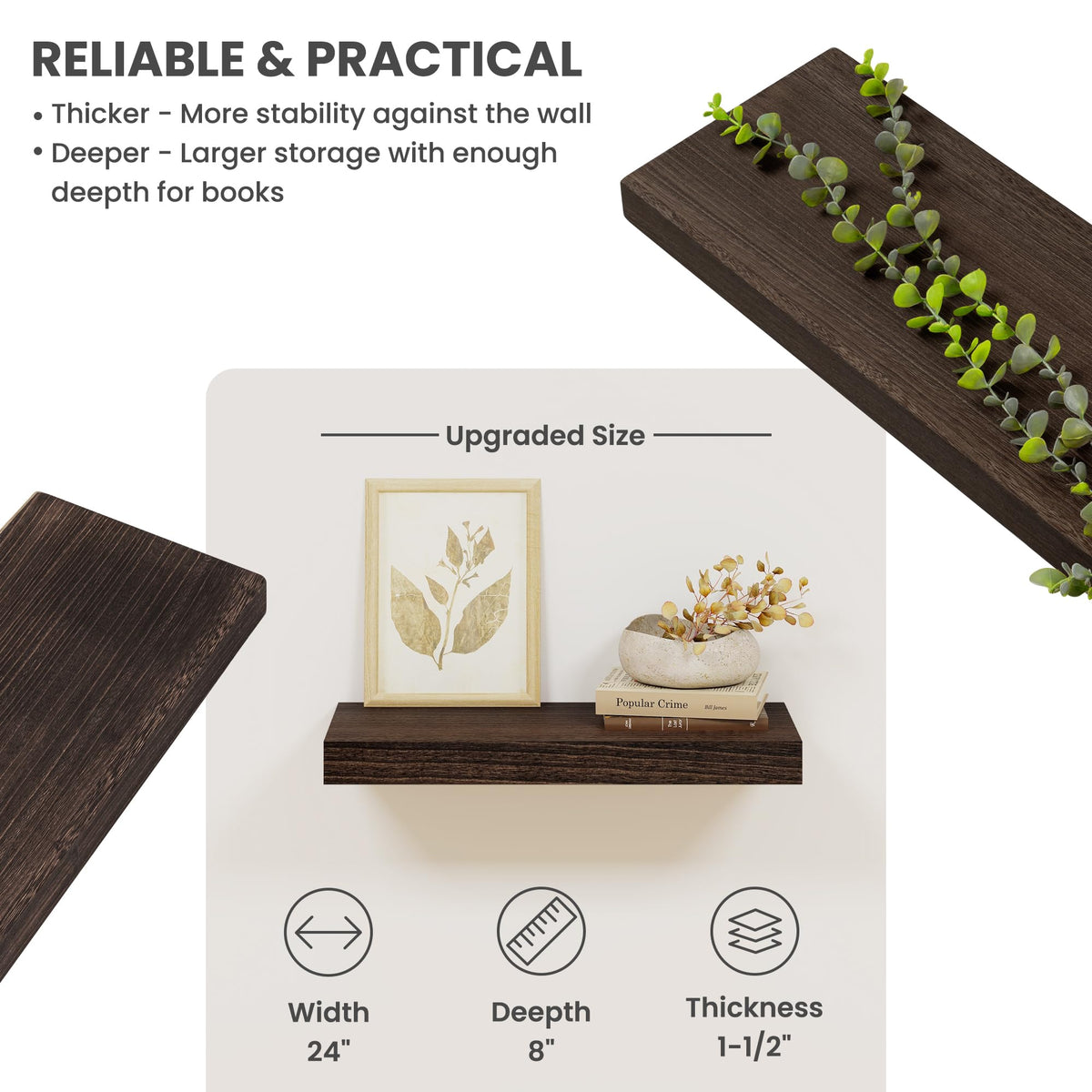Solid Wood Floating Shelves for Wall 24"W x 8"D x 1.56"H Set of 2, Deep Wall Shelves Bedroom Bathroom Kitchen Decor