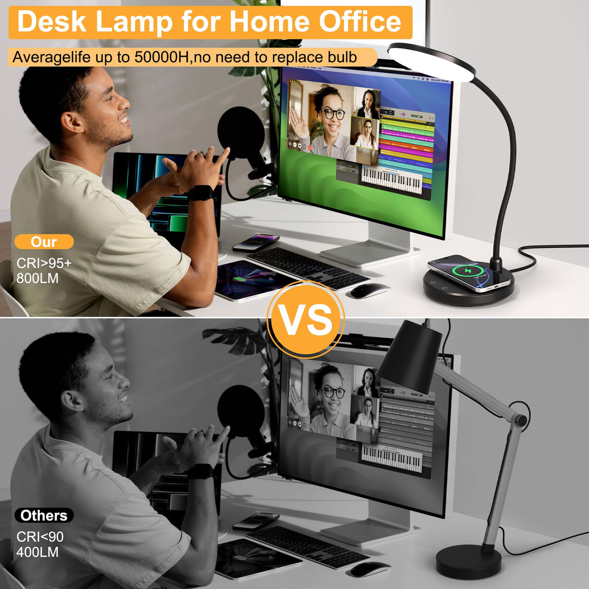 Wireless Charging Desk Lamp, 800LM, CRI95+, Black