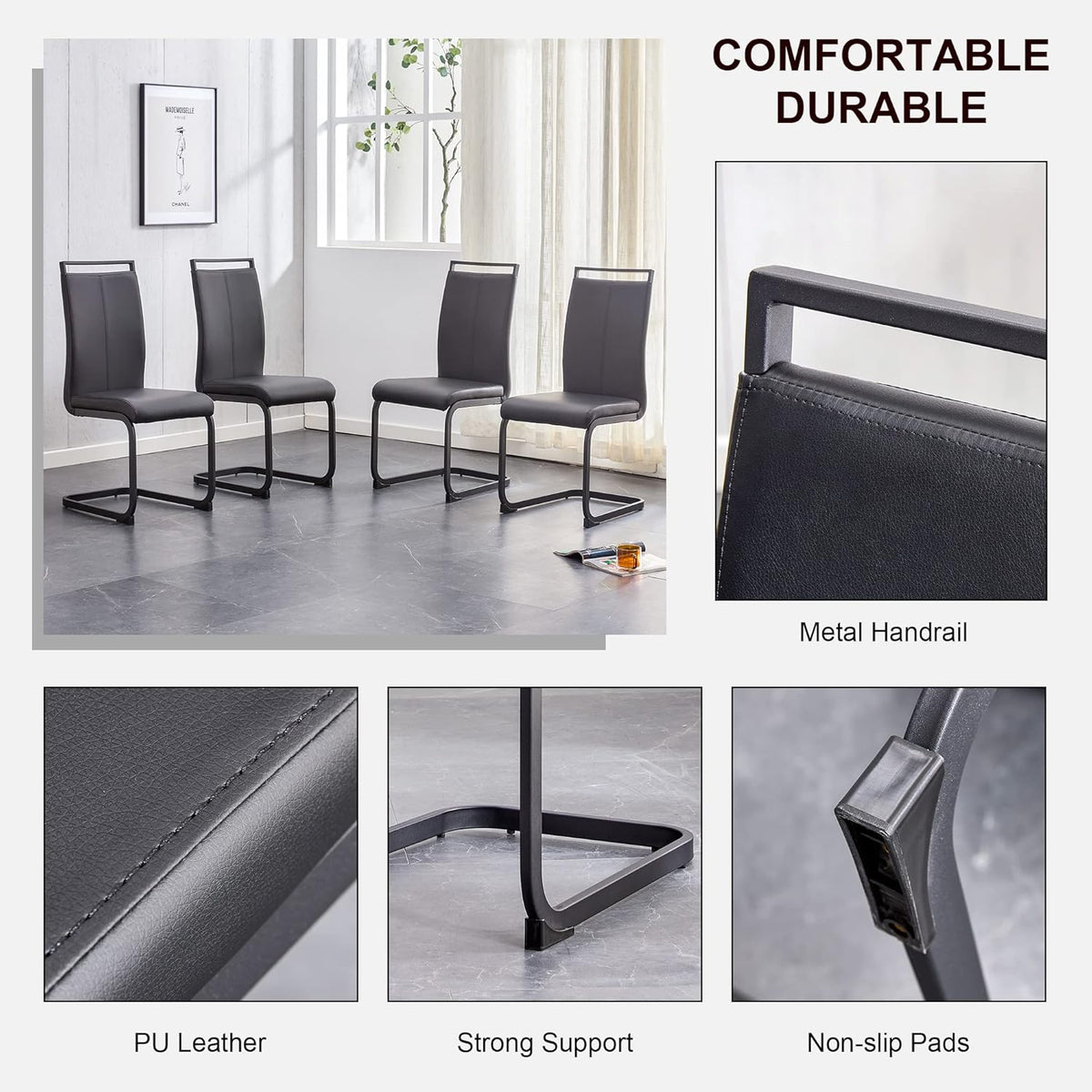 Modern Leather Dining Chairs Set of 4, Armless Upholstered Kitchen Chairs with Padded Seat and Chrome Legs, Black