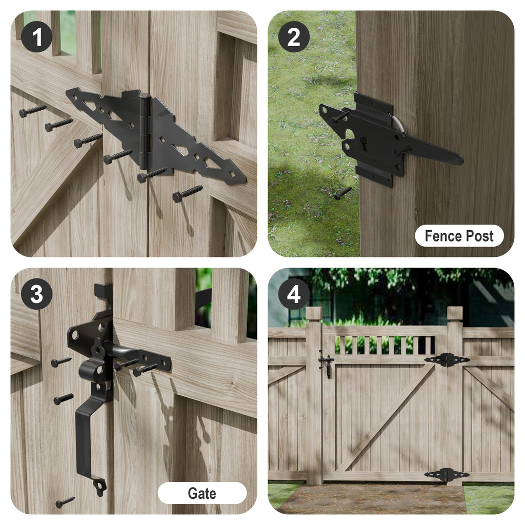 8" Heavy Duty Decorative Strap Hinges and Spring Loaded Latch Kit with Screws for Outdoor Fence Swing Gate Black