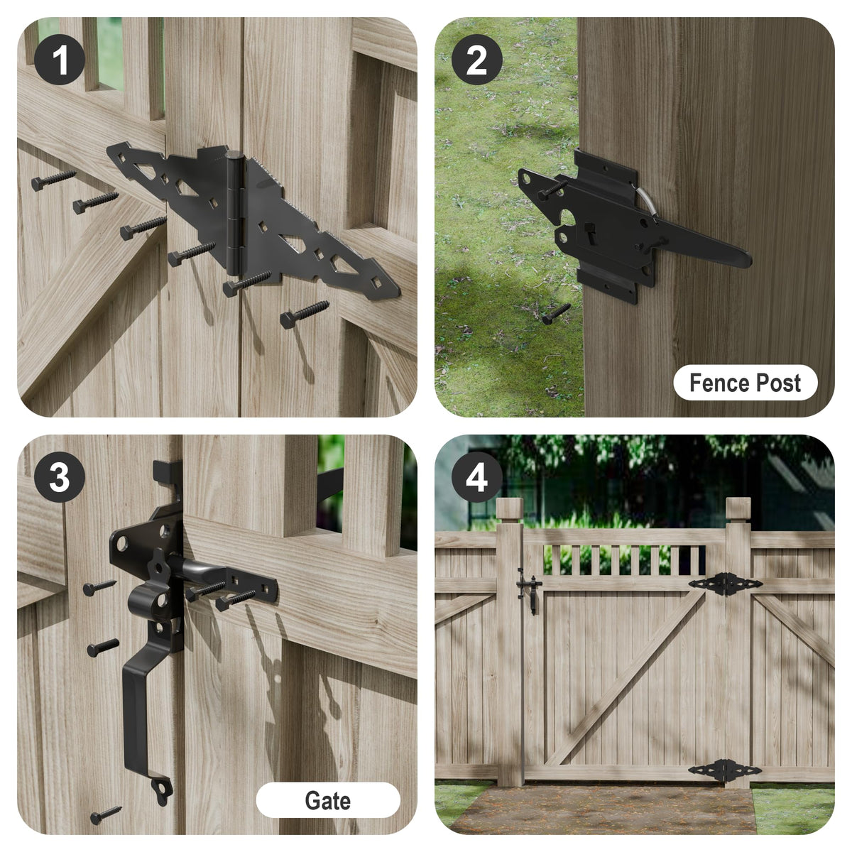 8" Heavy Duty Decorative Strap Hinges and Spring Loaded Latch Kit with Screws for Outdoor Fence Swing Gate Black