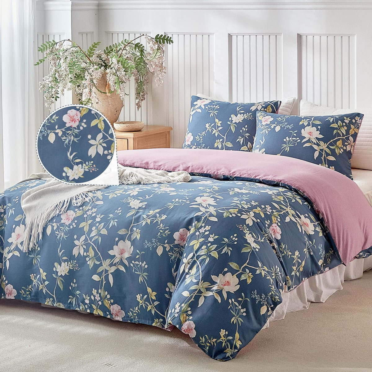 100% Cotton Duvet Cover, Navy Coastal Bloom Pattern