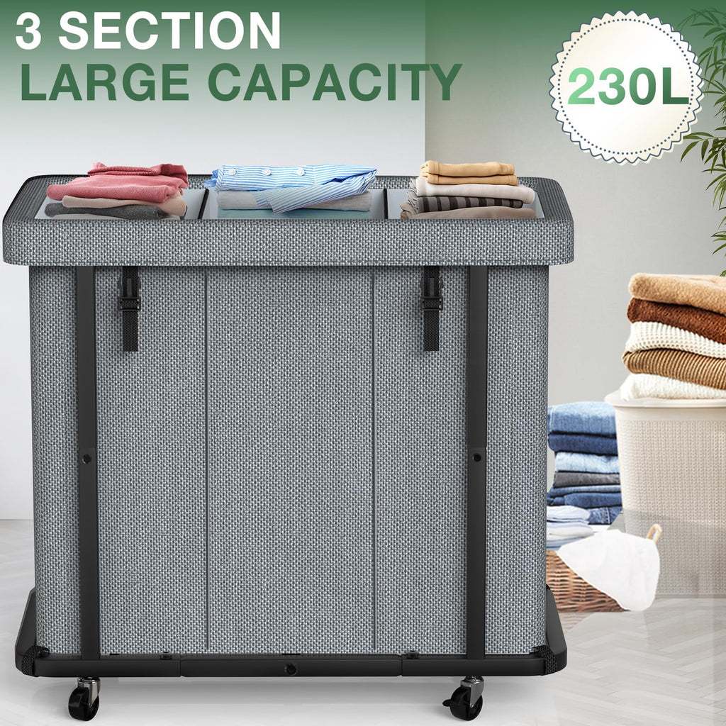 Basket with Lid,230L Rolling Laundry Hamper with Wheels,Grey