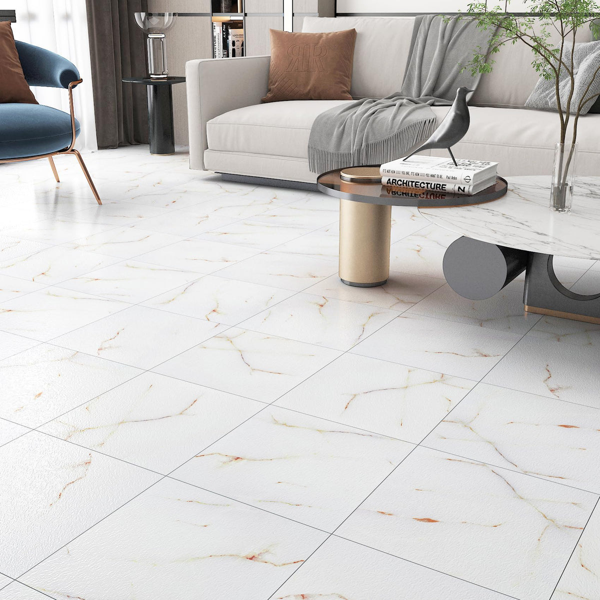 15-Sheet White Vinyl Flooring Peel and Stick Bathroom Floor Tiles Waterproof Pink Marble Peel and Stick Floor Tile