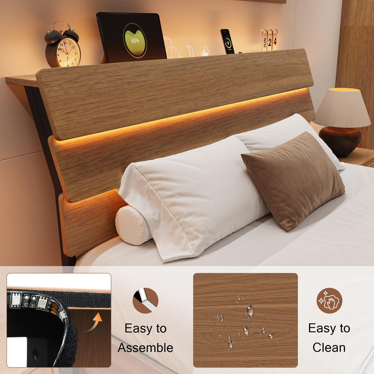 Bed Frame Queen Size with Charging Station, Led Bed Frame with Wood Storage Headboard, Heavy Duty Metal Slats, No Box