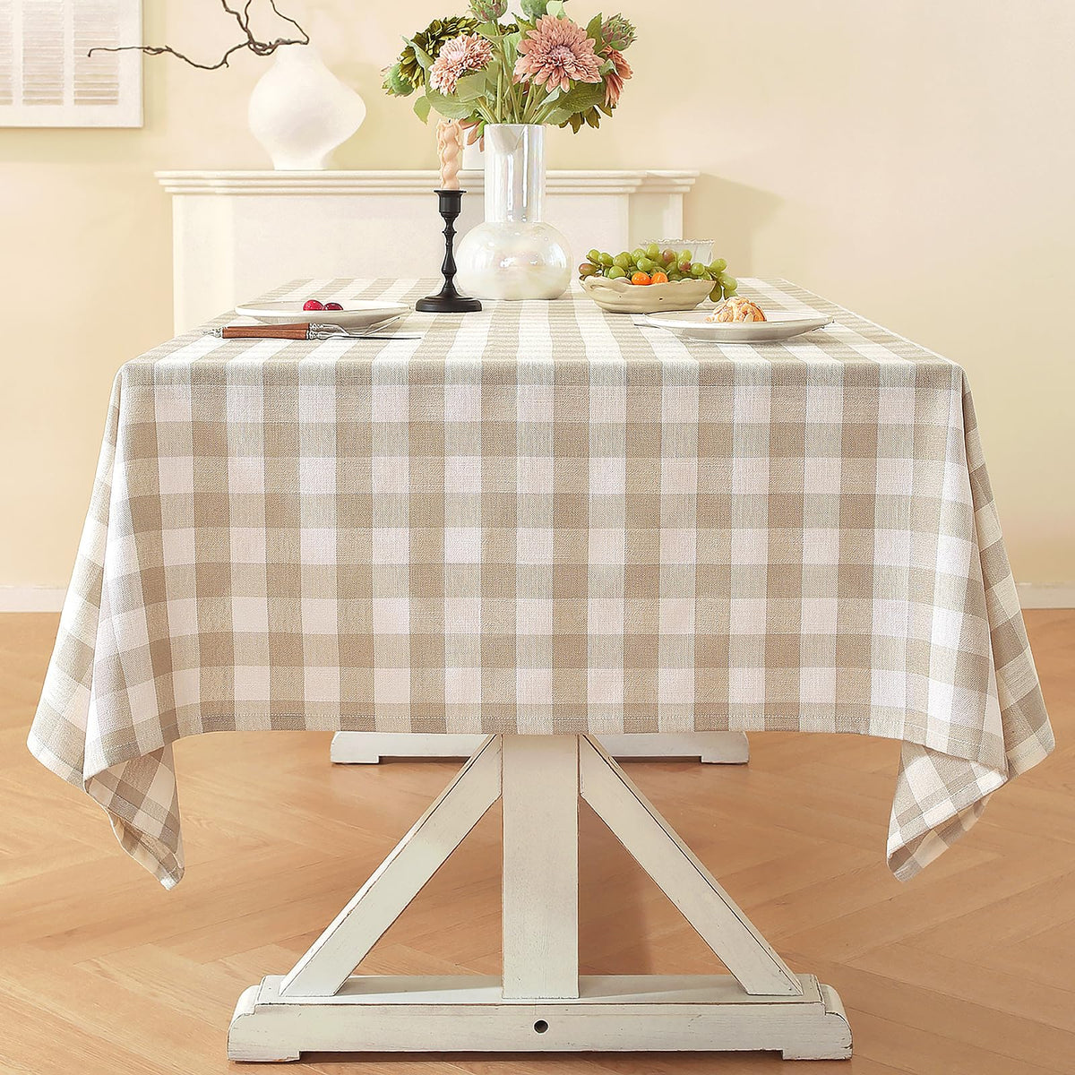 Beige Checkered Tablecloth Rectangle Tables Buffalo Plaid Gingham Table Cloth Cotton Linen Rustic Tablecloths