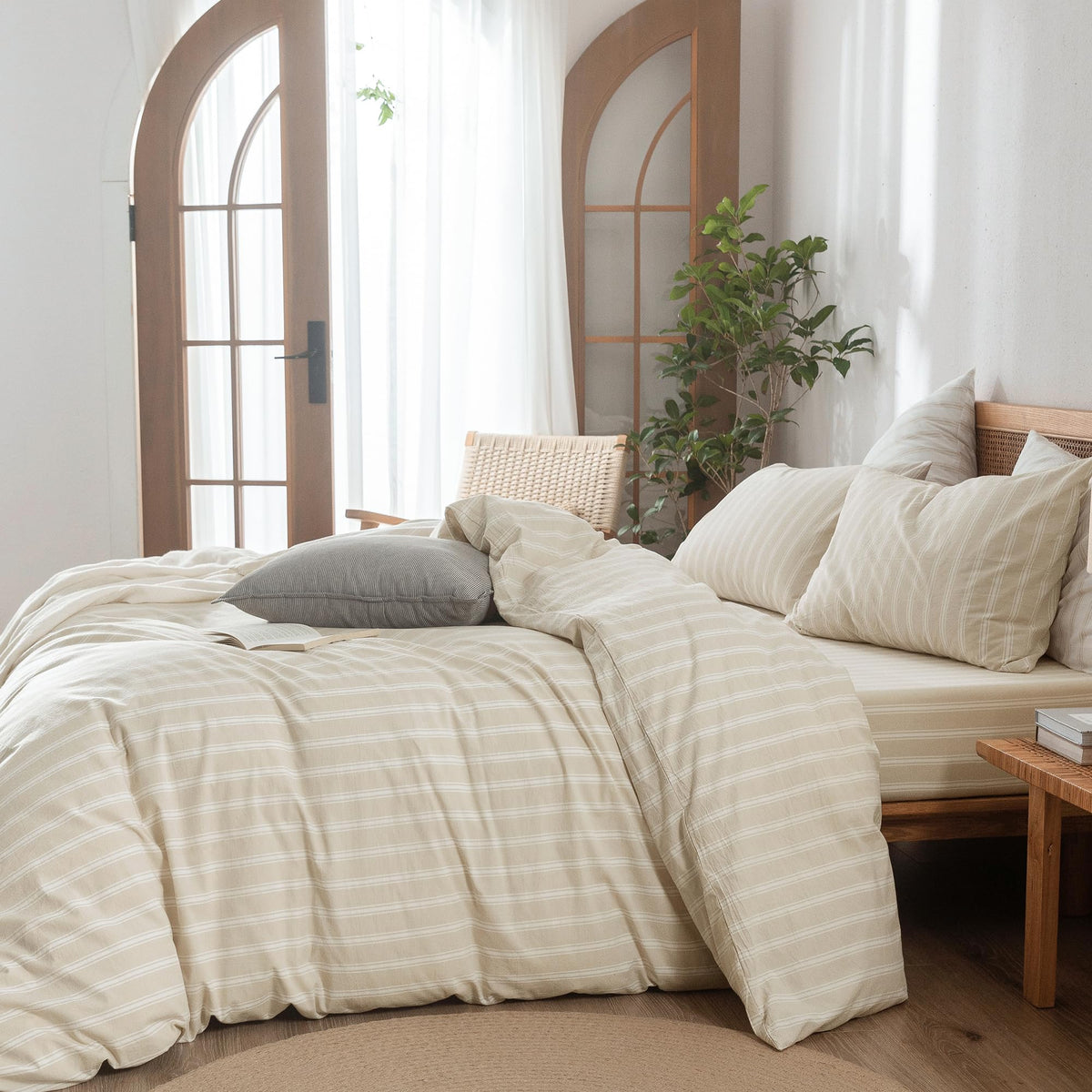 Striped Cotton Duvet Cover Set Linen Feel Super