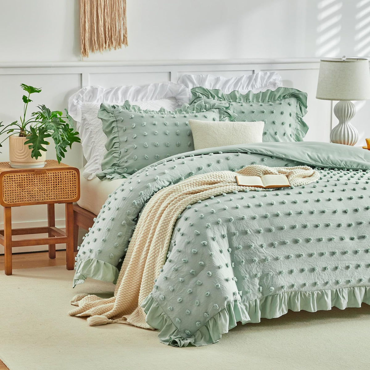 Tufted Dots Ruffle Comforter Set, 3 Pieces Sage Green Vintage Farmhouse Shabby Chic Comforters, Jacquard