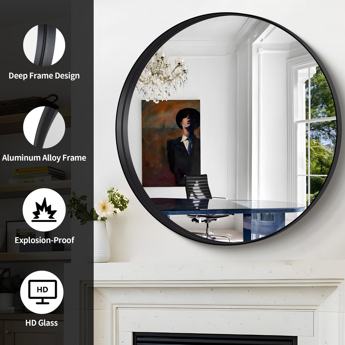 Black Round Mirror 36 inch Deep Frame Circle Mirror, Metal Framed Bathroom Mirror, Round Vanity Mirror, Circle