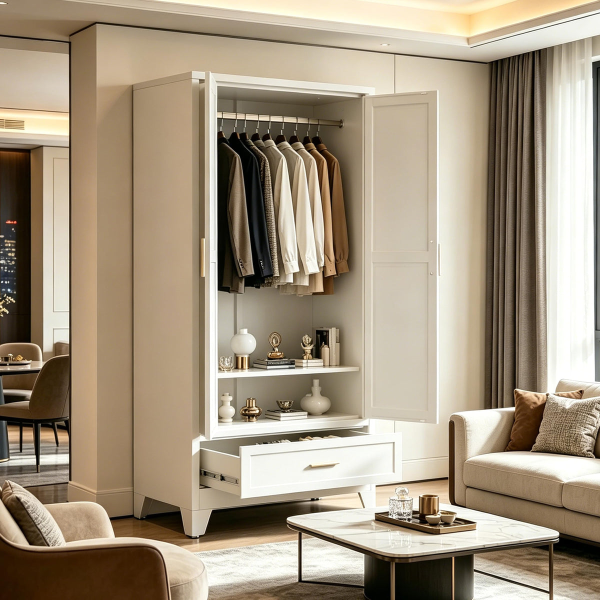 71" H White Closet,Armoire Wardrobe Closet,Metal Wardrobe Closet with Doors and Shelves,Large Wardrobe Closet
