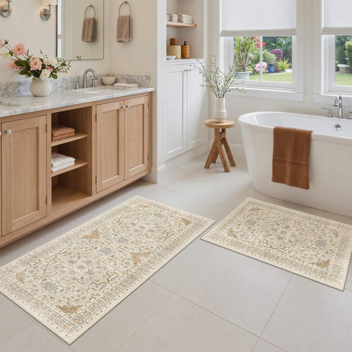 2-Piece Area Rugs Set, Small Kitchen Runner Non-Slip, Beige/Blue