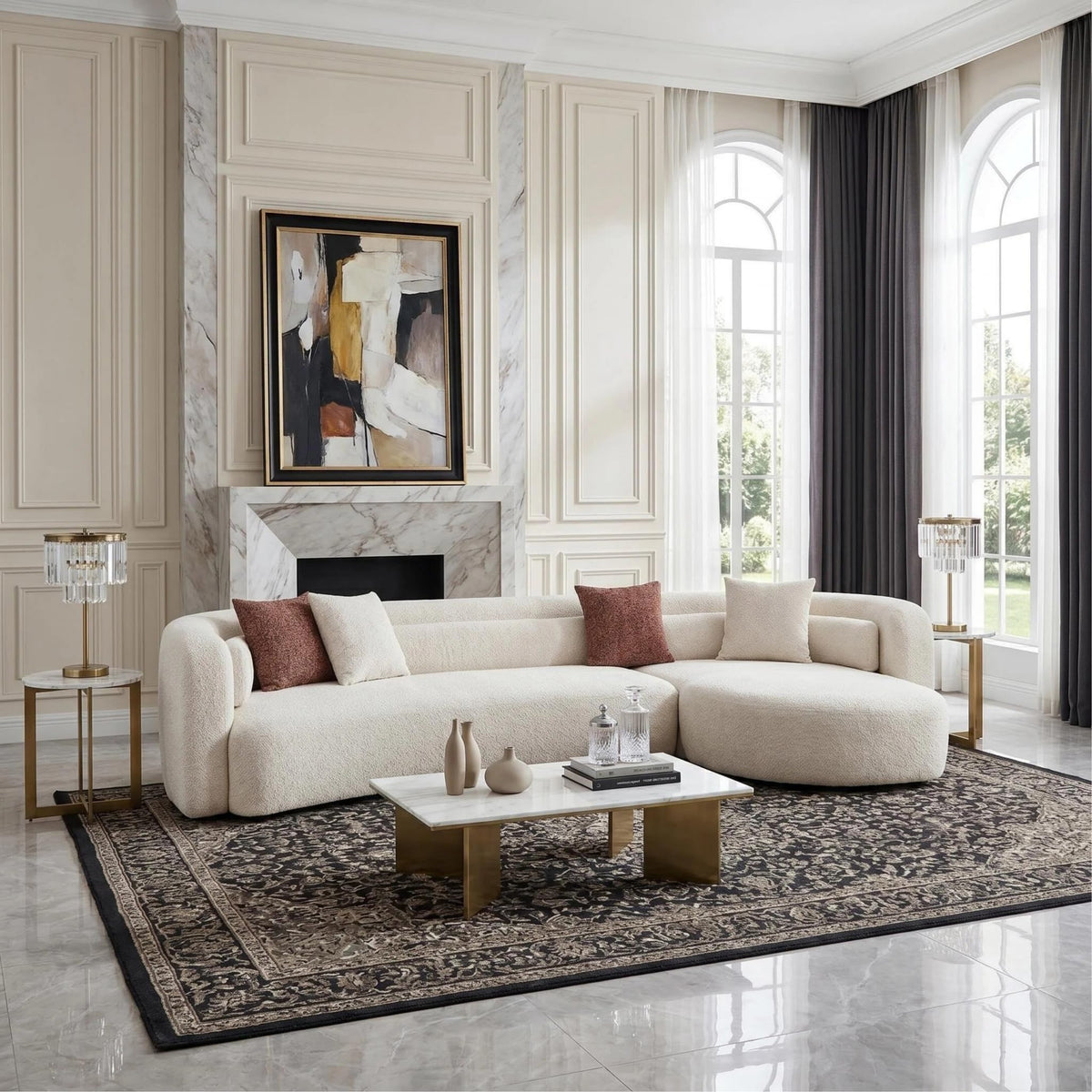 132" Oversized Boucle Cloud Couch with Chaise, Light Beige Sectional