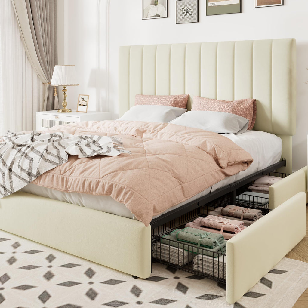 Full Size Storage Bed Frame, Vertical Channel Tufted Adjustable Headboard, Velvet Upholstered Platform Bed with 4